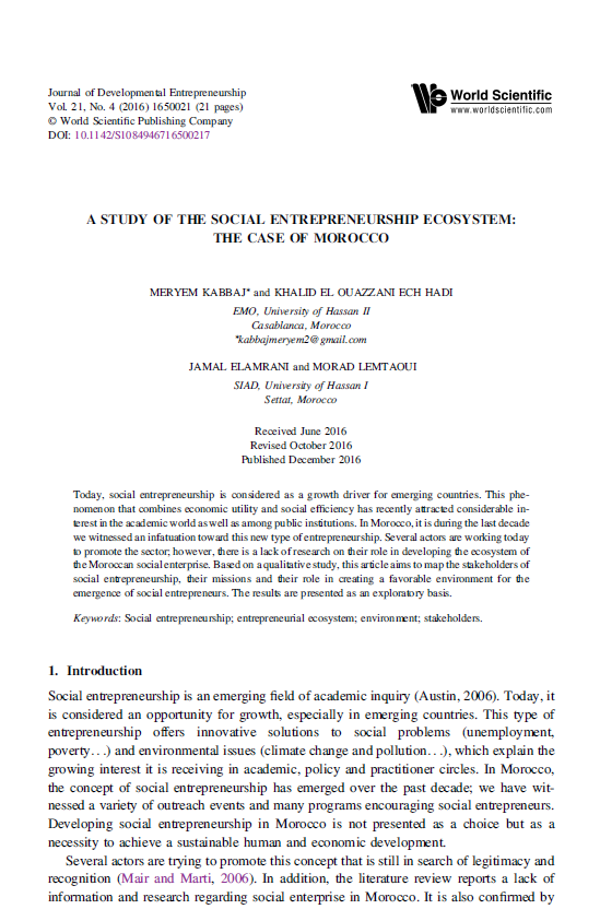 Cover of A study of The Social Entrepreneurship Ecosystem: The case of Morocco