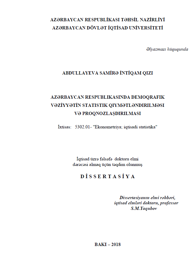 Cover of Azərbyacan Respublikasında demoqrafik vəziyyətin statistik qiymətləndirilməsi və proqnozlaşdırılması